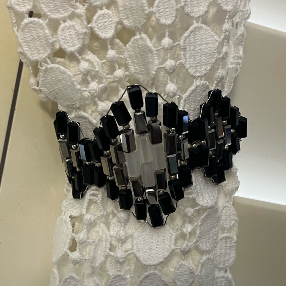 Stunning Bracelet with Rectangle Shaped Beads strung with Wire, Silver Beading.
